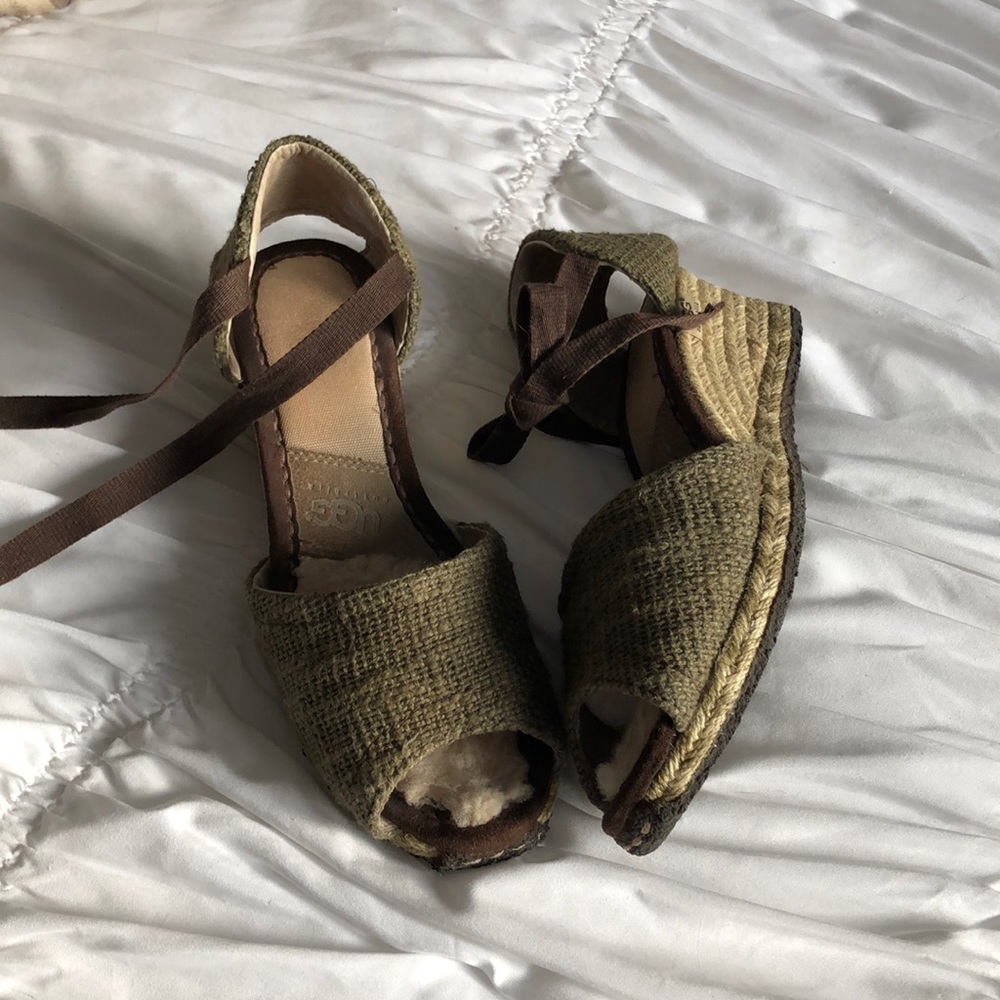 UGG olive green wedge tie sandals